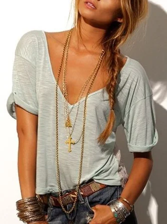 Casual Solid V Neck Shirt & Top
