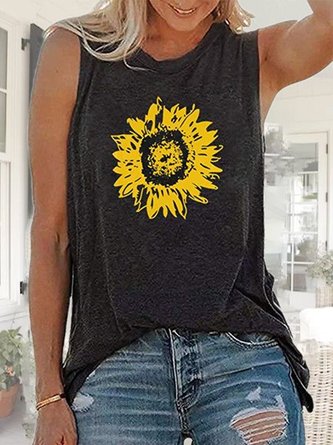 Crew Neck Floral-Print Sleeveless Casual Shirts & Tops
