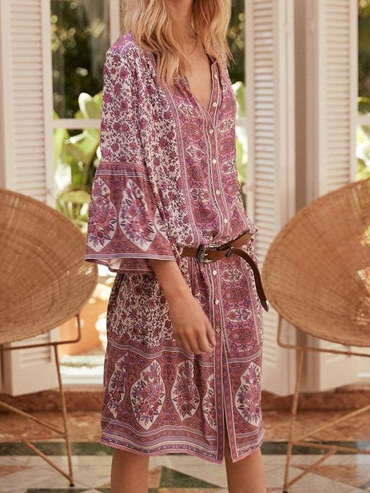 5 Colors Summer Bohemian Style V Neck Sexy Printed Weaving Dress