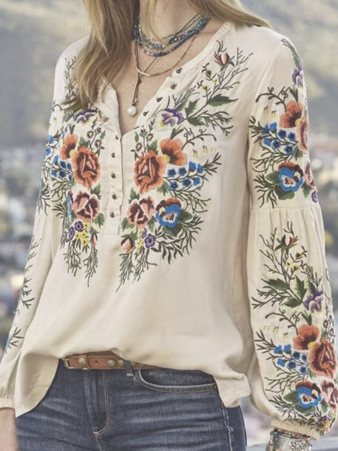 Andynzoe Casual Floral V Neck Long Sleeve Blouse