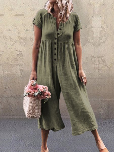 Solid Short Sleeve Casual Romper Jumpsuit