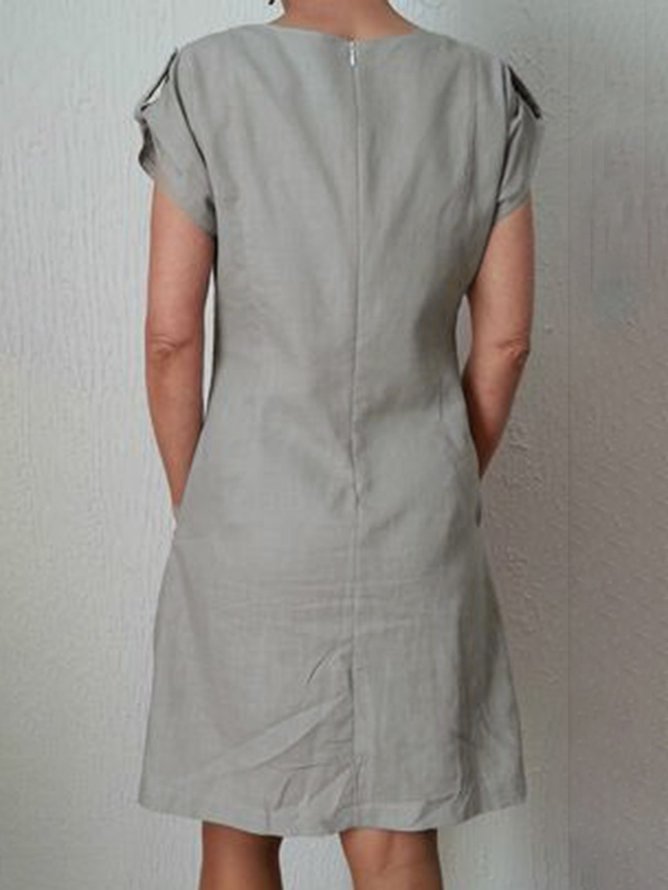 Summer Pockets Buttoned-decor Zipper Back Shift Linen Dress
