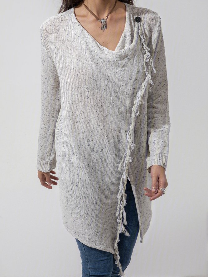 Light Gray Cotton-Blend Casual Plain Long Sleeve Top