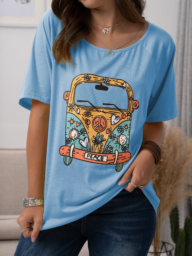 Women Short Sleeve Round Neck Vintage Car Floral Casual Top